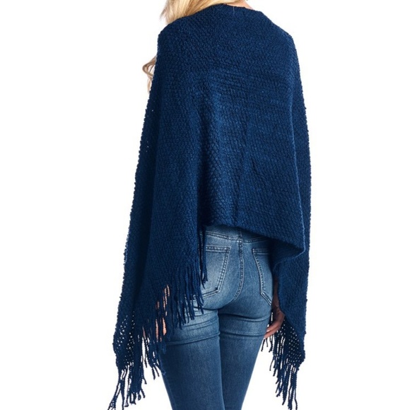 Navy Blue Pullover Fringed Poncho - Picture 3 of 3